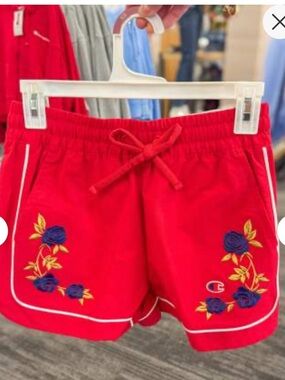 Champion Red Athletic Shorts with Blue & Yellow Floral Embroidery